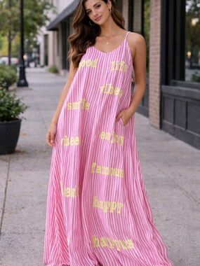 Striped Pink Maxi Dress with Yellow Text - Women